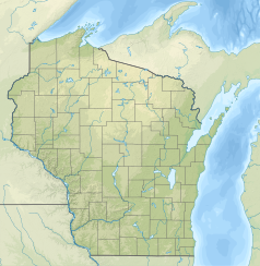 Mapa konturowa Wisconsin, blisko centrum u góry znajduje się czarny trójkącik z opisem „Timms Hill”