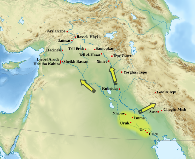 The 'Uruk expansion': sites representing the 'centre' and 'periphery'. Tell Sheikh Hassan settlement can be seen on this map to the upper left. Uruk expansion.svg