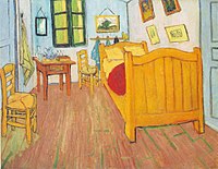 Ett litet rum med målningar på väggen, två stolar, en enkelbädd och ett bord eller Sovrum i Arles, 1888. Foto: Google Art Project. van Gogh-museet, Amsterdam.