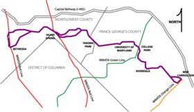 A scaled map illustrating the Purple Line route and its intersections with existing subway lines.