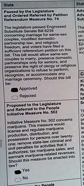 A photo of an election ballot. There are two measures visible in the photo. The first is Referendum 74, a measure that legalized gay marriage in the state of Washington. The second is Initiative 502, a measure that legalized marijuana in the state of Washington. Both measures have their "Yes" bubble filled in.