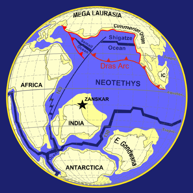 3. 150 millóns de anos despois Cimeria colisionou con Eurasia e a oroxenia cimérica pechou o Paleo-Tetis. A medida que empezou a rotura de Gondwana no sur, a apertura do océano Índico iniciou o peche do Neo-Tetis.