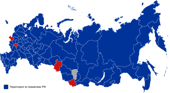 2000 election. Blue indicates a win by Putin, red a win by Zyuganov, grey a win by Tuleyev. 2000 Russian presidential election map by federal subjects.svg