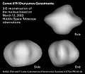 3D-modeloj de la kerno de la kometo 67P bazita sur datumoj el 2003 de la Kosmoteleskopo Hubble.