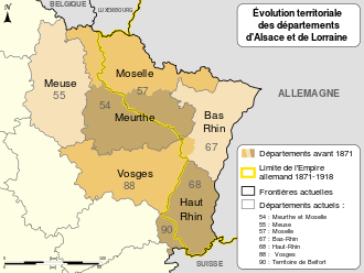 Carte du nord-est de la France montrant la frontière de l'Empire germanique séparant le Haut-Rhin de l'actuel Territoire-de-Belfort, rajoutant deux cantons vosgiens au Bas-Rhin, coupant l'ancien département de la Meurthe en son tiers nord-est et l'ancien département de la Moselle en son quart ouest. Les deux territoires nord-est ont formé le département actuel de la Moselle et ceux du sud-ouest l'actuel département de la Meurthe-et-Moselle.