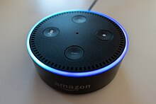 Amazon Echo Dot smart speaker running the Alexa virtual assistant Amazon Echo Dot (27716286638).jpg
