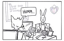 A cartoon with a smiling rabbit and a noncommittal fox