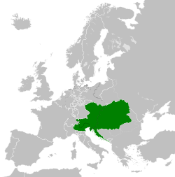 จักรวรรดิออสเตรียใน ค.ศ. 1815 โดยมีพรมแดนของสมาพันธรัฐเยอรมัน อยู่ในรูปของเส้นประ