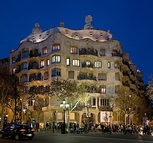 Casa Milà at dusk in Barcelona, Spain. The bui...