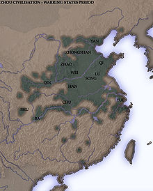 Carte de la Chine orientale montrant la répartition des principaux états de la période des Royaumes combattants.