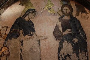 A Christ and Mary, mosaic, Chora Church, 12-14th century. "To Christ through Mary", taught by Louis de Montfort. Deesis Mosaic at Chora.jpg