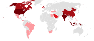 Map shows the number of companies owned by Donald Trump that are operating in each country:
.mw-parser-output .legend{page-break-inside:avoid;break-inside:avoid-column}.mw-parser-output .legend-color{display:inline-block;min-width:1.25em;height:1.25em;line-height:1.25;margin:1px 0;text-align:center;border:1px solid black;background-color:transparent;color:black}.mw-parser-output .legend-text{}
1-3
4-8
9-15
Over 15 Donald Trump number of companies by country worldwide map.svg
