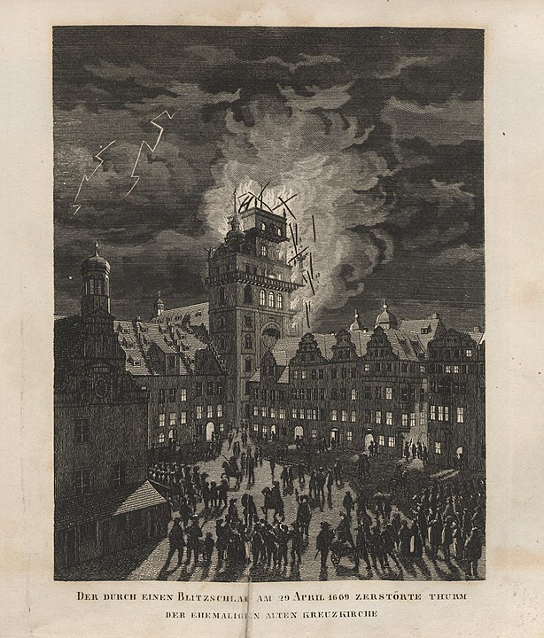 Der durch einen Blitzschlag am 19. April 1669 zerstörte Turm der ehemaligen alten Kreuzkirche.