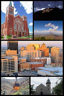 From upper left: The Cathedral of Saint Patrick, star on the Franklin Mountains, North Franklin Peak, downtown El Paso skyline, Wyler Aerial Tramway, Ysleta Mission