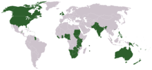 Map of countries with English as majority or national language.