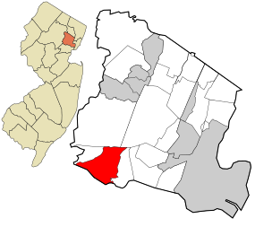 Location of Short Hills in Essex County highlighted in right (red). Inset map: Location of Essex County in New Jersey highlighted in orange (left).