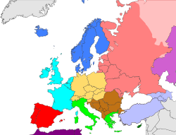 Subregions of Europe based on the CIA World Factbook:
.mw-parser-output .legend{page-break-inside:avoid;break-inside:avoid-column}.mw-parser-output .legend-color{display:inline-block;min-width:1.25em;height:1.25em;line-height:1.25;margin:1px 0;text-align:center;border:1px solid black;background-color:transparent;color:black}.mw-parser-output .legend-text{}
Northern Europe
Western Europe
Central Europe
Southwest Europe
Southern Europe
Southeast Europe
Eastern Europe Europe subregion map world factbook.svg