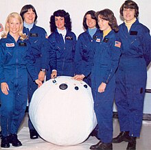 From left to right, Margaret R. (Rhea) Seddon, Kathryn D. Sullivan, Judith A. Resnick, Sally K. Ride, Anna L. Fisher, and Shannon W. Lucid--The first six female astronauts of the United States stand with a Personal Rescue Enclosure, a spherical life support ball for emergency transfer of people in space First Six Women Astronauts with Rescue Ball - GPN-2002-000207.jpg