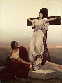 Gabriel von Max's 1866 painting Martyress depicts a crucified young woman and a young man laying flowers at her feet Gabriel Max 1866 St Julia img02.jpg