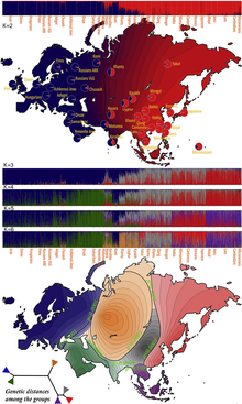 Genetic distance between different Eurasian populations and frequency of West- and East-Eurasian components. Genetic distances Eurasian West Asian East Asian.png