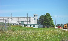 RCAF Grand Bend. The 1942 Hangar as seen from the Taxiway, Control Tower on top. R1 for No. 9 SFTS Centralia. (2013) Grand Bend 1942 Hangar.JPG