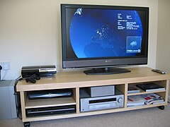A typical 2008 home theater setup, featuring an LCD display and a PlayStation 3 running Folding@Home.