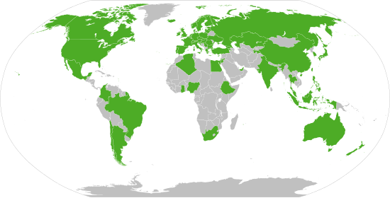 The IAU includes member organizations from 82 countries (designated as national members). IAU National Members.svg