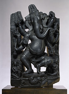 Ganesha's dancing and love of sweets are represented. The mouse is depicted at the base. The Walters Art Museum. Indian - Ganesha - Walters 2549.jpg