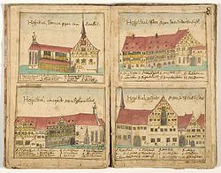 Das Katharinenhospital in Esslingen am Neckar, Stand 1737. Gezeigt werden Nord-, Ost-, Süd- und Westansicht mit Beschreibungen vom Zeichner Tobias Mayer