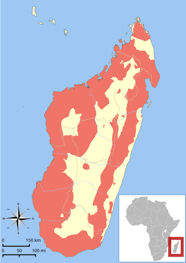 Madagascar, with the coastal and some inland areas shaded