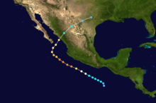 A track map of a hurricane. The track is shaped like a less-than symbol, paralleling the western coast of Mexico before making a 90-degree turn to the right