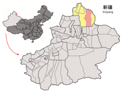 新疆ウイグル自治区の中のコクトカイ県の位置