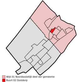 Oostdorp in het rood gemarkeerd op de illustratie