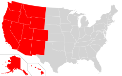 Regional definitions vary from source to source. This map reflects the Western United States as defined by the Census Bureau. This region is divided into Mountain and Pacific areas.[1]
