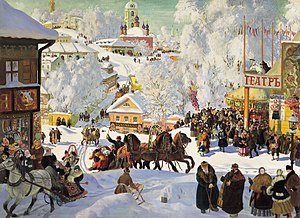 ציור מעשה ידי האמן בוריס קוסטודייב, משנת 1919 מתאר מרוץ מזחלות, אחד ממנהגי חג המסלניצה.
