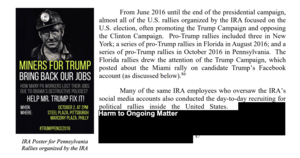 A poster and some redacted text side by side; the poster shows a smudged man in a hard hat with text inviting miners to a pro-Trump rally, and the text describes an FBI investigation of that rally