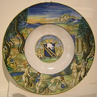 Piatto in maiolica italiana di Nicola da Urbino, c. 1525, con la storia di Marsia