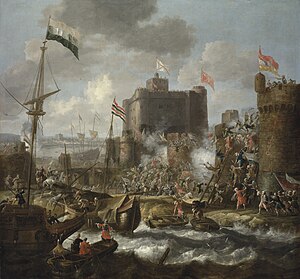 Osmanit hyökkäävät saarilinnoitusta vastaan. Jan Peeters I:n maalaus vuodelta 1667.
