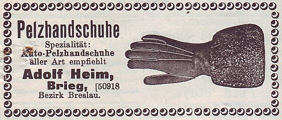 Inserat „Pelzhandschuhe“, Firma Adolf Heim in Brieg (1916)