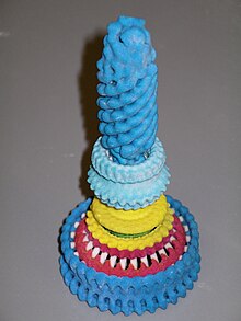 3D printed model of the structure of a bacterial flagellum "motor" and partial rod structure of a Salmonella species. Bottom to top: dark blue, repeating FliM and FliN, motor/switch proteins; red, FliG motor/switch proteins; yellow, FliF transmembrane coupling proteins; light blue, L and P ring proteins; and (at top), dark blue, the cap, hook-filament junction, hook, and rod proteins. Physical model of a bacterial flagellum.jpg