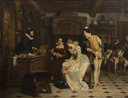 Jeanne d'Albret, accompagnée de son fils Henri de Navarre et de Marguerite de Valois, vient acheter chez René, parfumeur de Catherine de Médicis, les gants qui l'ont empoisonnée. peinture d'histoire de Pierre-Charles Comte, Salon de 1852