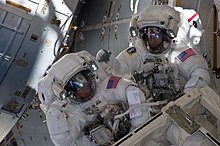 Astronauts Andrew Feustel (right) and Michael Fincke, outside the ISS during the STS-134 mission's third spacewalk. STS-134 EVA3 Andrew Feustel and Michael Fincke 3.jpg