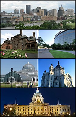 Clockwise from the top: Downtown Saint Paul as seen from the Southwest, the Xcel Energy Center, the Cathedral of Saint Paul, the Minnesota State Capitol, the Marjorie McNeely Conservatory, and the historic James J. Hill House