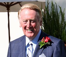 Long-time sportscaster Vin Scully continued his tenure as voice of the Dodgers on SportsNet LA until his 2016 retirement. Scully GM.JPG