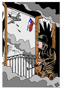 Political cartoon showing an old man in a suit, plus helmet and rifle, looking out of a window to see a jet dropping bombs and a ragged Chilean flag.