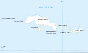 Outline map of a group of irregular-shaped islands the largest of which is labelled "Coronation Island". Laurie Island is shown at the eastern (right) end of the group.