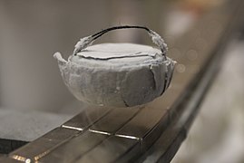 A high-temperature superconductor levitating above a magnet. Persistent electric current flows on the surface of the superconductor, acting to exclude the magnetic field of the magnet (Meissner effect). This current effectively forms an electromagnet that repels the magnet. Stickstoff gekuhlter Supraleiter schwebt uber Dauermagneten 2009-06-21.jpg