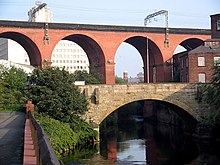 Stockport viaduct and road bridge over the A6.