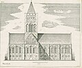 Reconstructie van hoe de oorspronkelijke kruiskerk er rond 1350 zou kunnen hebben uitgezien.