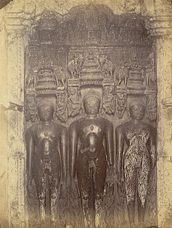 Three sculptures of Jain tirthankaras in the Bhand Dewal Temple